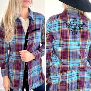 Soft Surroundings Teal Purple Plaid Velvet Trim Flannel Button Up Shirt‎ Sz XS